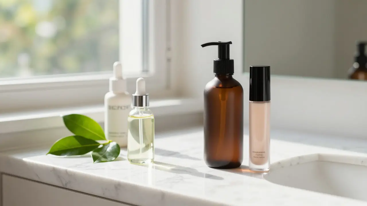 Srovnání přírodní kosmetiky bez silikonů a luxusních produktů s vysokým leskem.