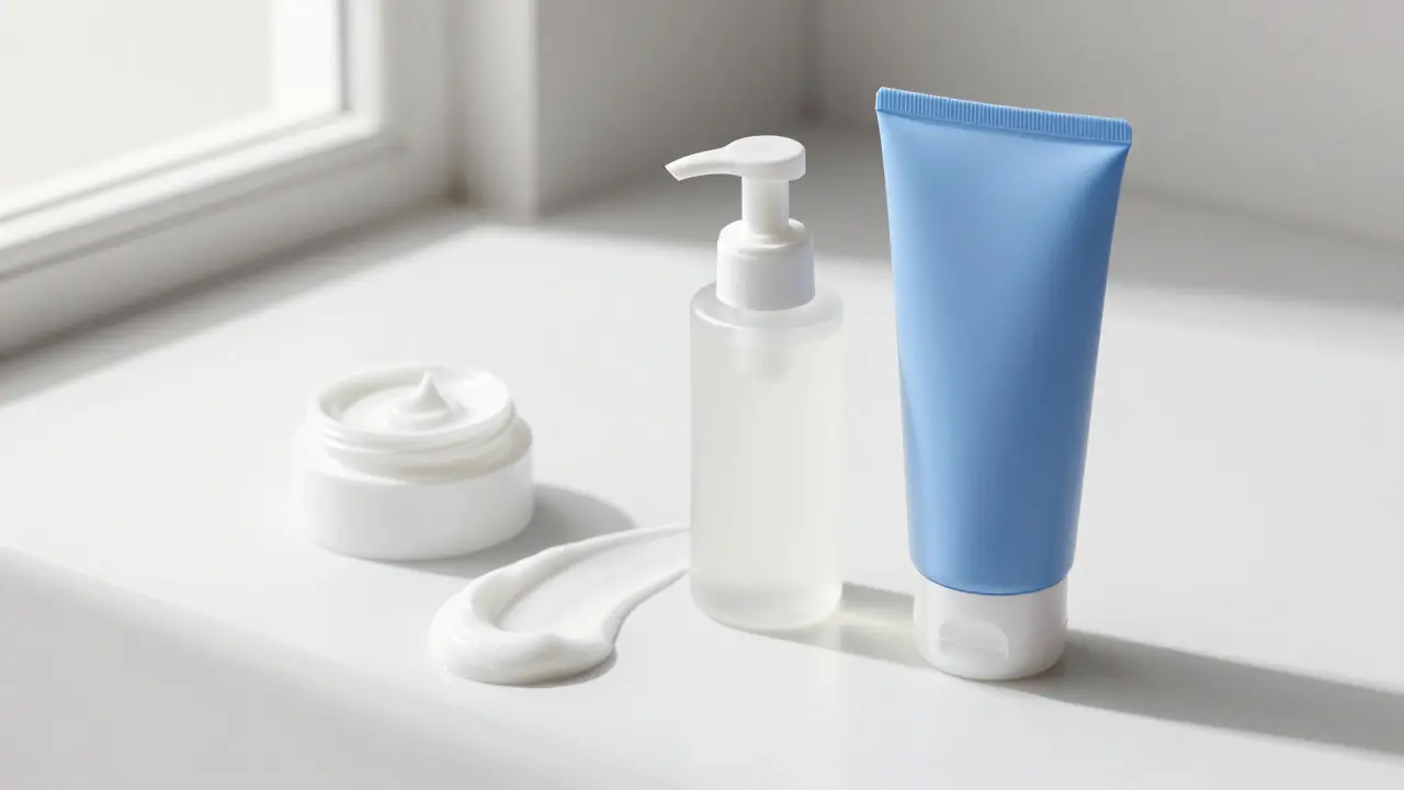 Umělecké detailní pohledy na textury hustého krému, lehkého mléka a pěnícího gelu.