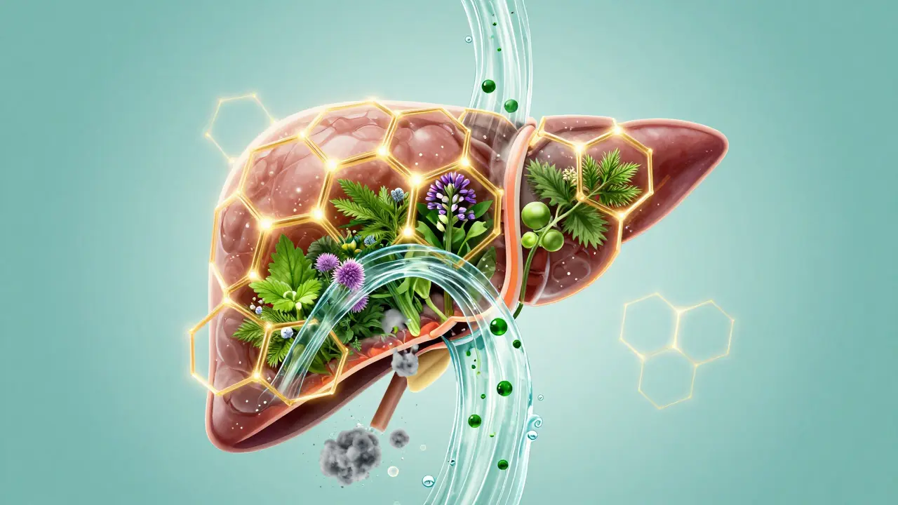 Umělecké znázornění detoxikace jepic pomocí antioxidantů a bylin