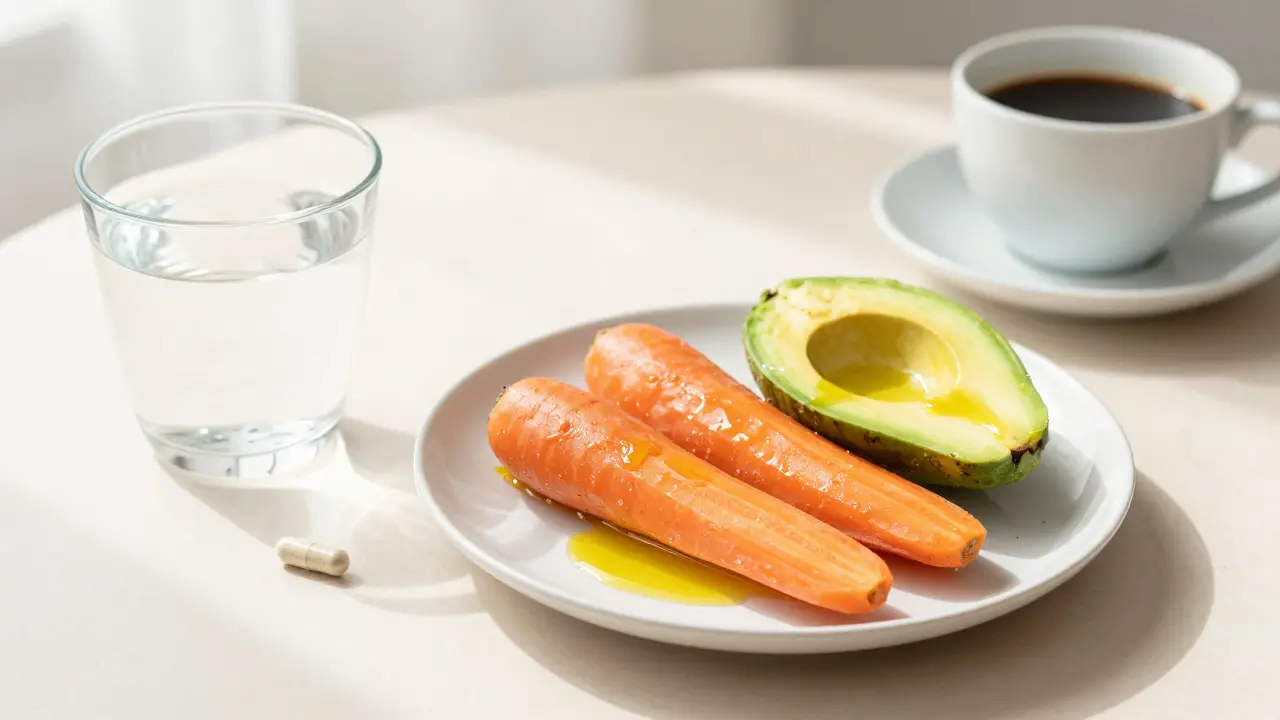 Zdravá snídaně s mrkví, avokádo a vodou, s kávou umístěnou v dostanci