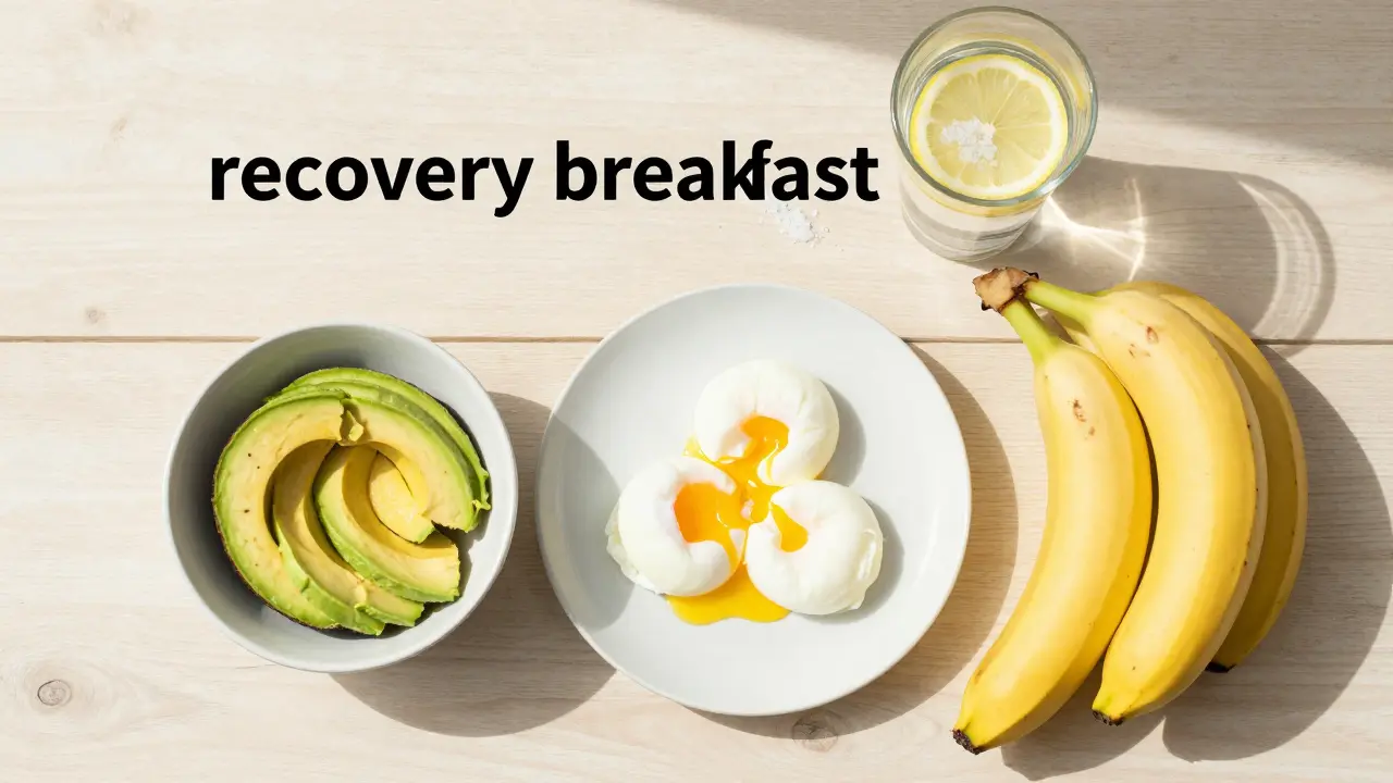 Zdravá snídaně s vejci, avokádem a banány pro regeneraci po alkoholu