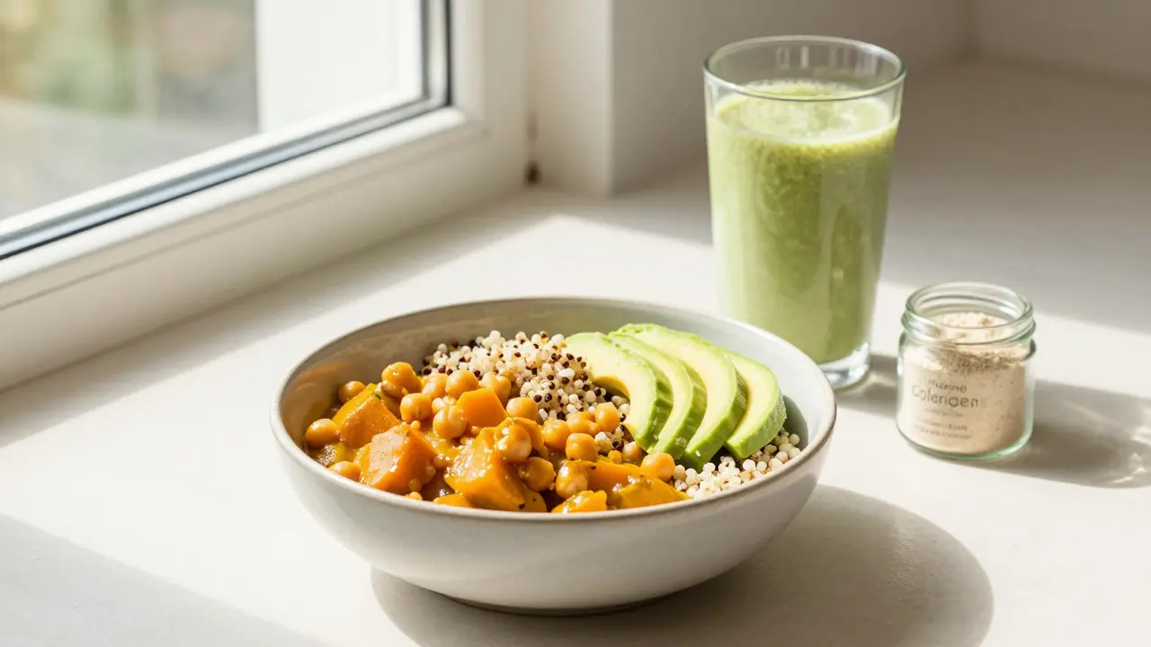 Zdravý vegetariánský pokrm z dýně a cizrny s doplňkem mořského kolagenu.
