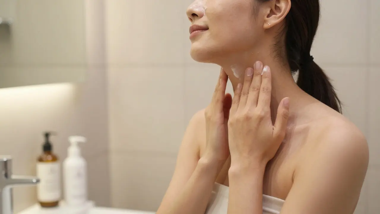 Žena nanášející pleťový krém na krk a dekolt v koupelně.