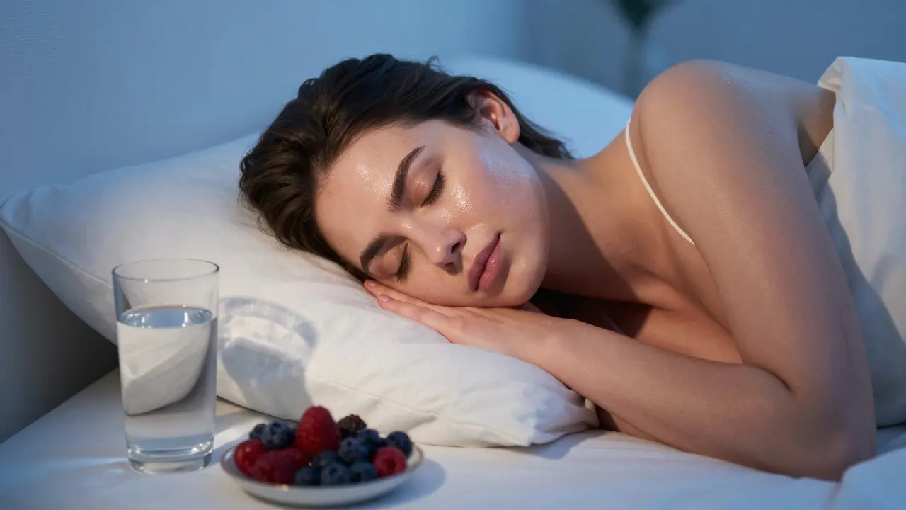Žena s hydratací a spánkem pro zdraví pleti.