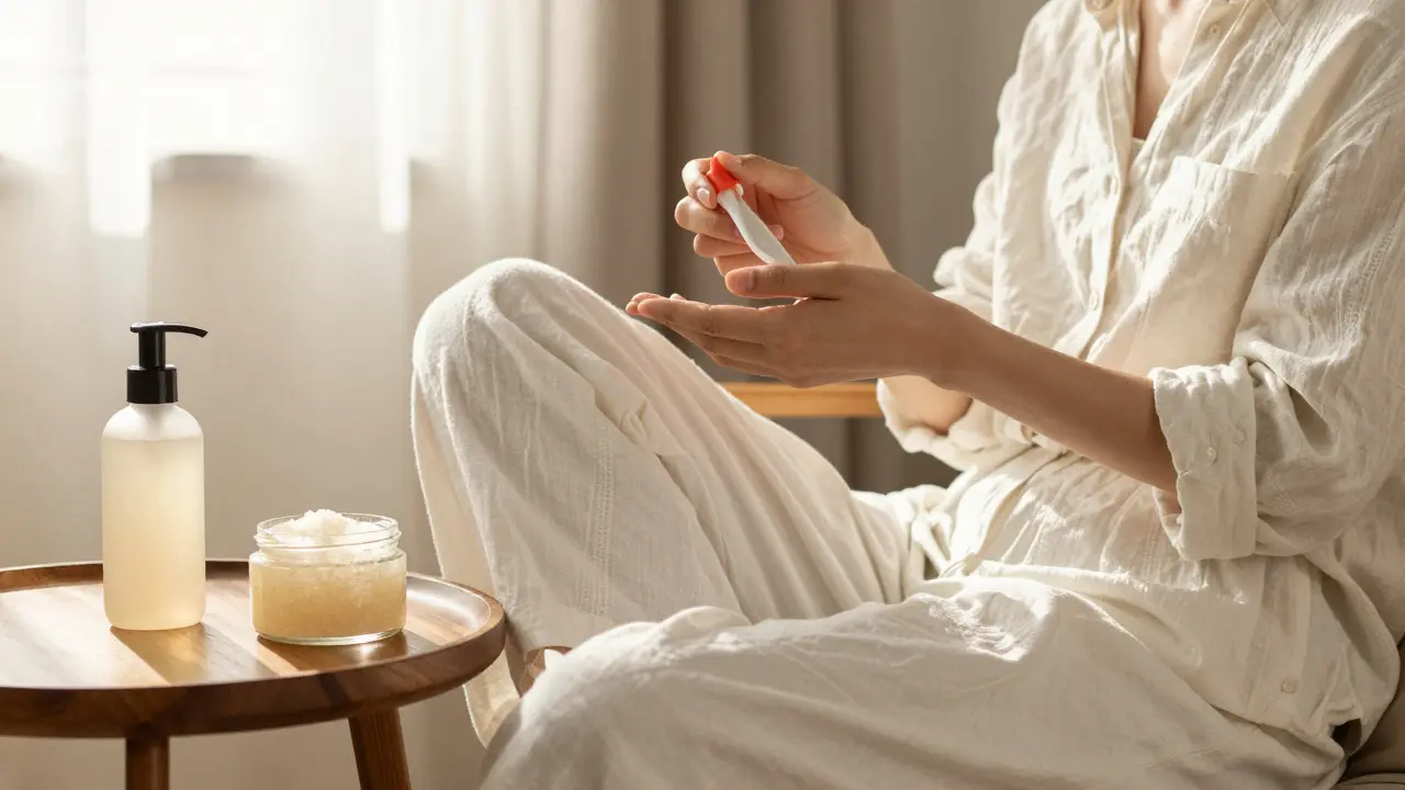 Žena v volném bavlněném oblečení s produkty pro péči o pokožku.