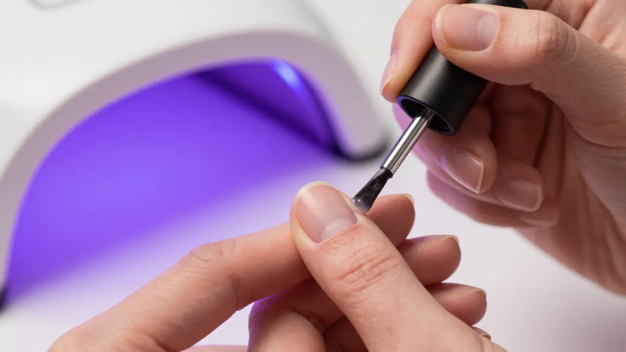 Close-up of gel polish being applied to a fingernail under UV light.