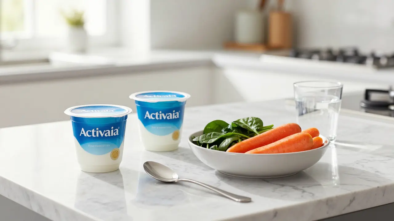 Jogurt Activia vedle zeleniny a vody pro zdravé trávení