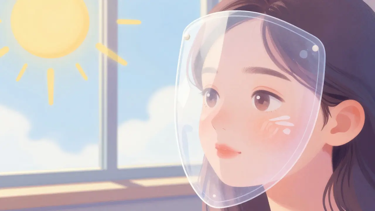 Konceptuální ilustrace obličeje chráněného před sluncem pomocí ochranného štítu.