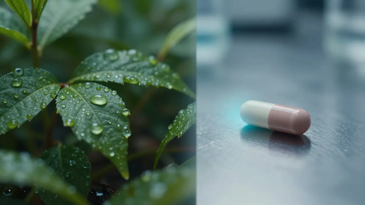 Konceptuální umění porovnávající přírodní léčbu a antibiotika