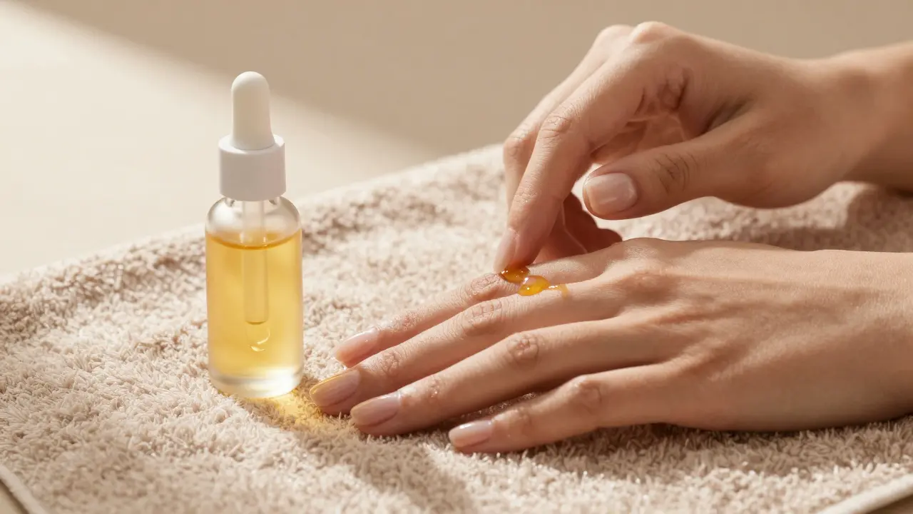 Manicured hands resting near a bottle of cuticle oil for hydration.