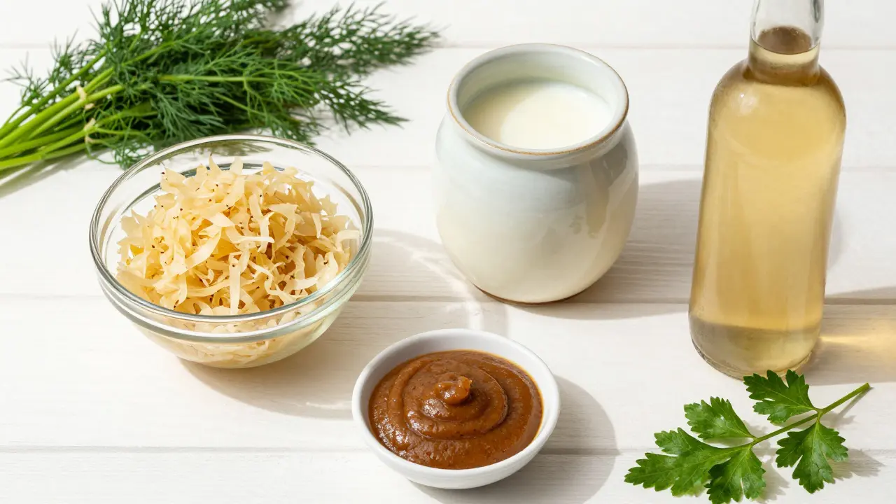 Přírodní zdroje probiotik: zelí, kefír, miso a kombucha na stole