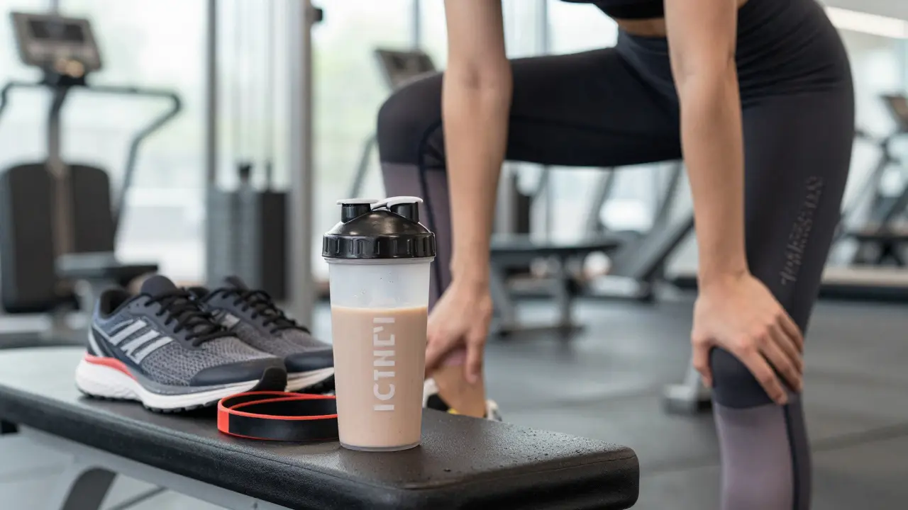 Shaker s kolagenem vedle sportovního vybavení ve fitnes centru před tréninkem.