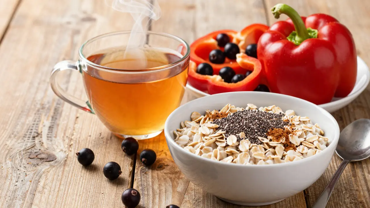 Zdravá snídaně s ovesnou kaší, skořicí a ovocem bohatým na vitamín C