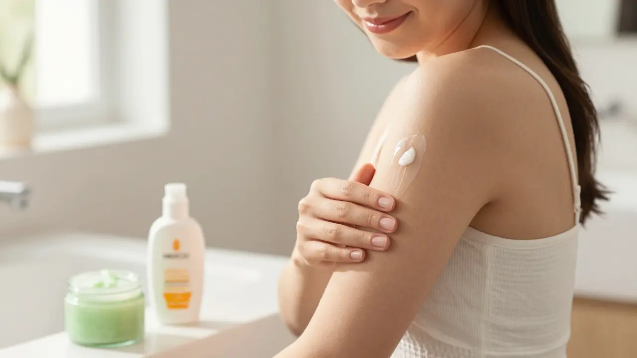 Žena nanášející uklidňující gel na pleť po laserové depilaci v koupelně