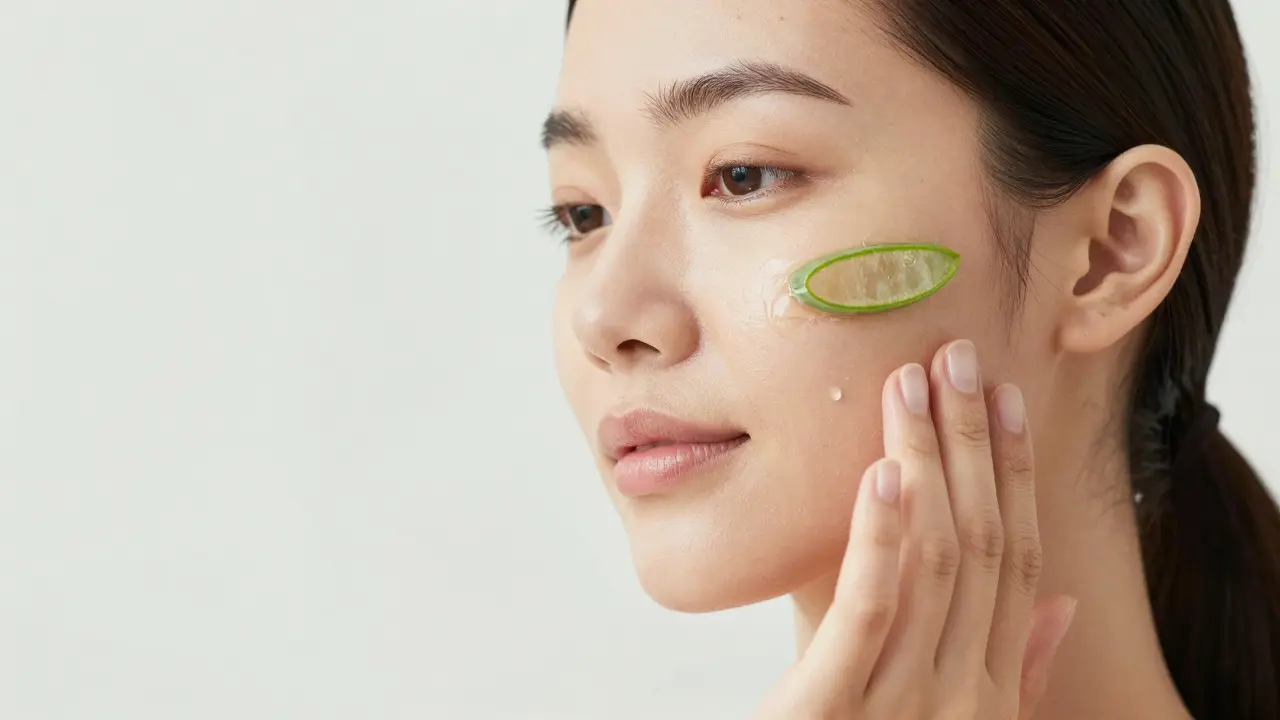 Žena nanáší gel z aloe vera na pleť pro hydrataci a klidnění