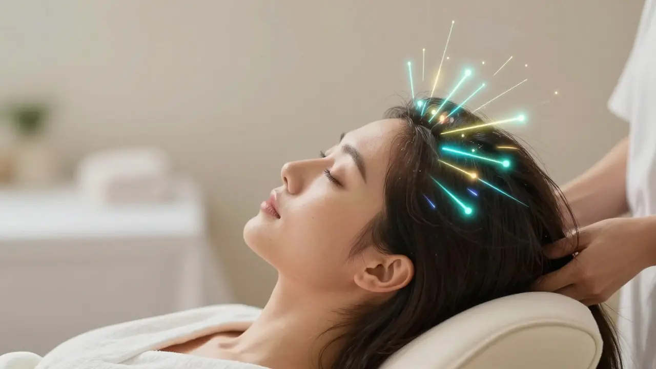 Žena relaxuje při masáži hlavy, symbolizující zdravé vlasy