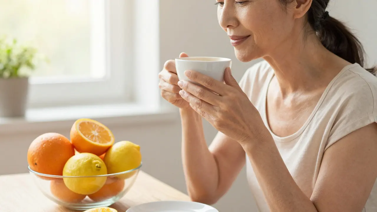 Žena s kávou a citrusy, symbolizující synergii vitamínu C a zdravý životní styl.