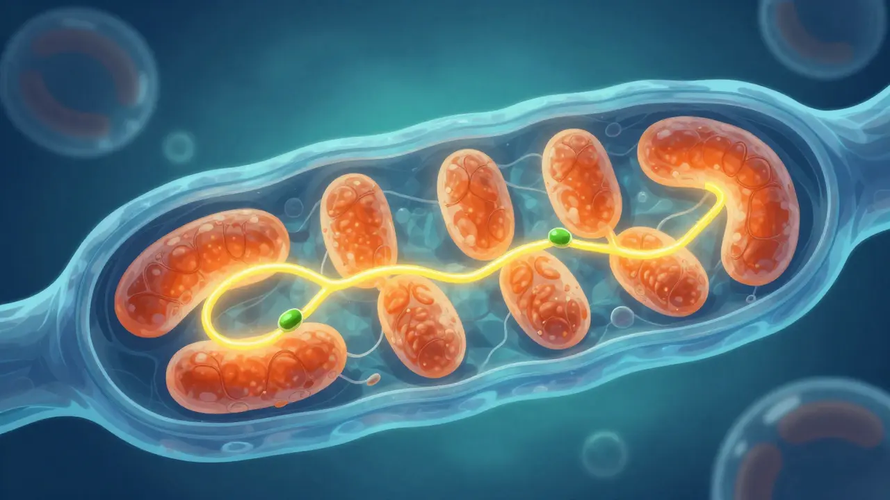 Abstraktní ilustrace mitochondrií spalujících tuk