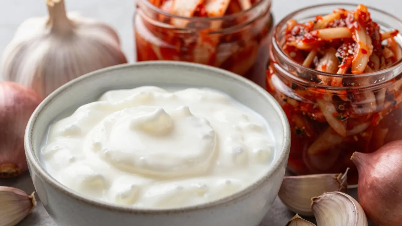 Close-up of kefir, kimchi, and garlic representing probiotics and gut health for immunity.