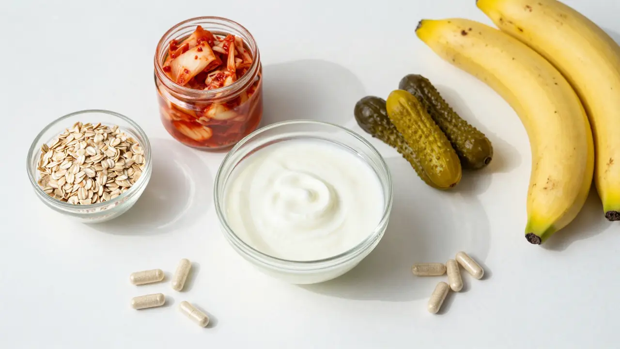 Fermentované potraviny a probiotika na bílém pozadí