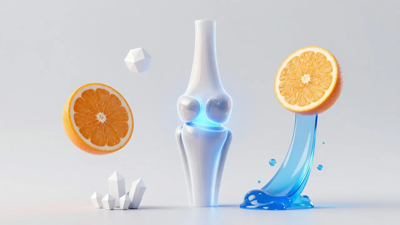 Ilustrace kloubu obklopená vitamínem C, glukosaminem a omega-3