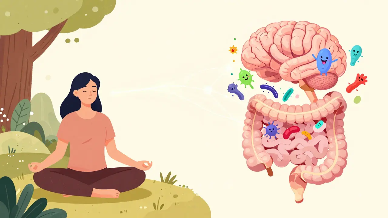 Koncept spojení mozku a střev při meditaci v přírodě