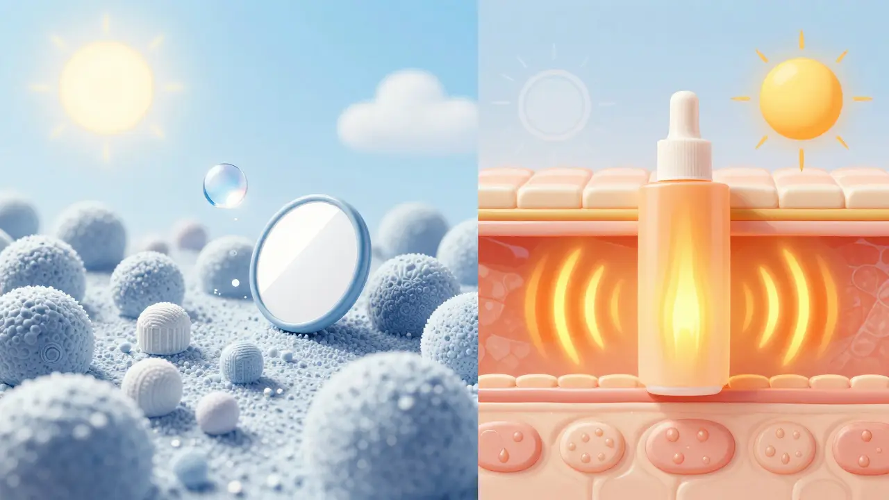 Konceptuální ilustrace rozdílu mezi fyzickými a chemickými filtry na pleti