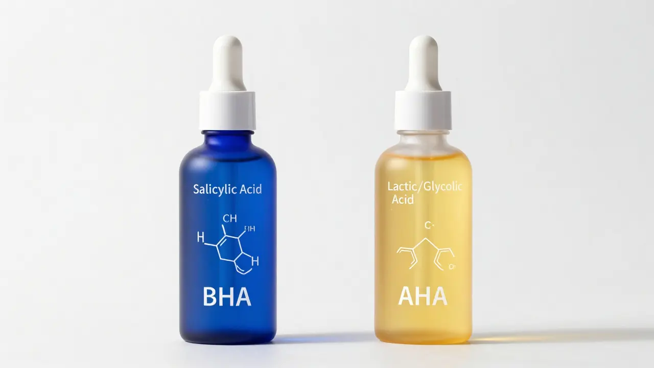 Láhev s BHA a AHA kyselinami pro chemickou exfoliaci pleti