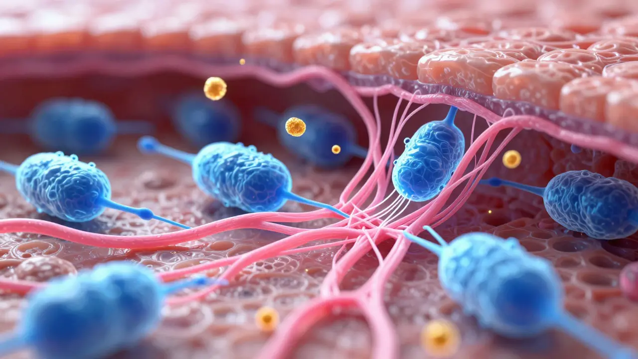 Mikroskopický pohled na aktivaci fibroblastů v kůži