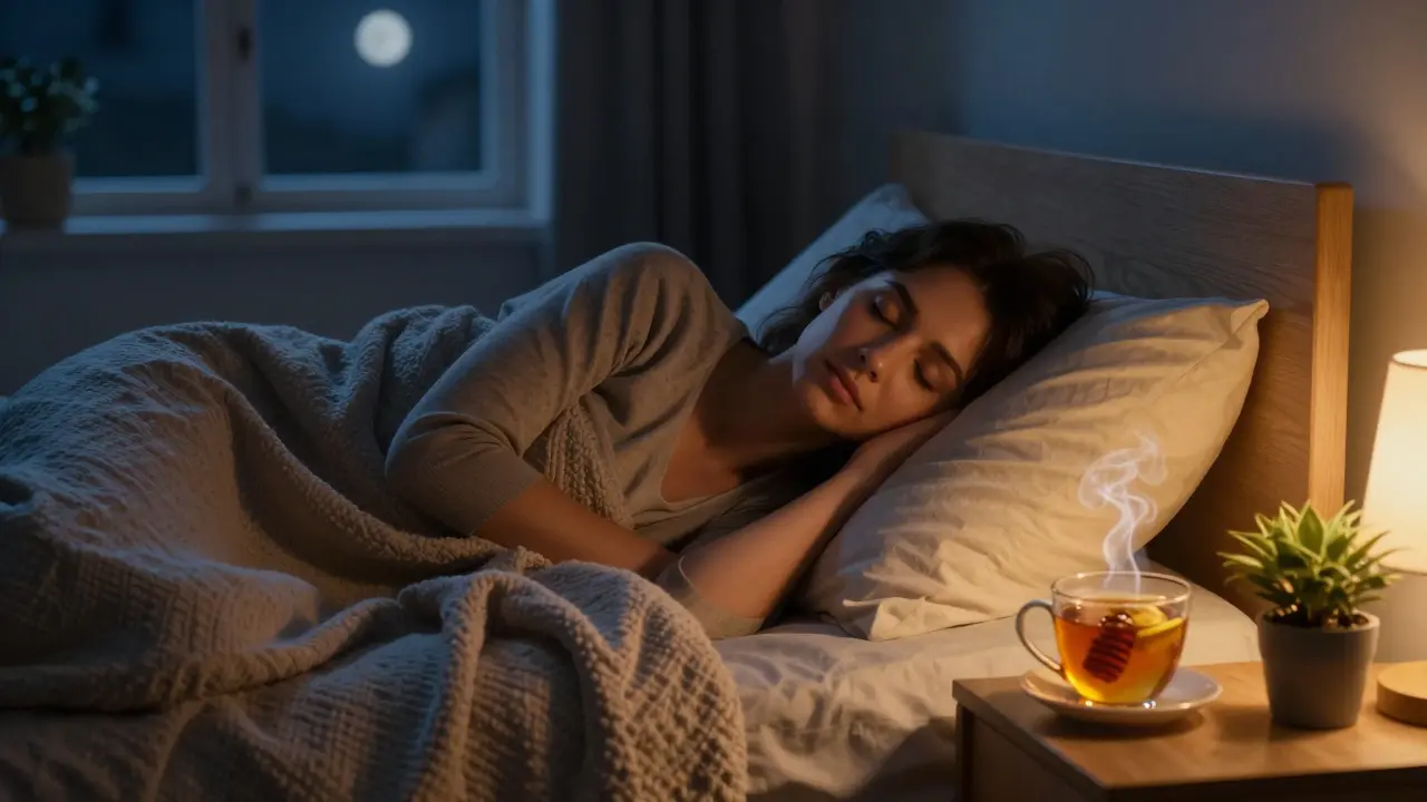 Person sleeping peacefully in a cozy bedroom with herbal tea, illustrating rest for immunity.
