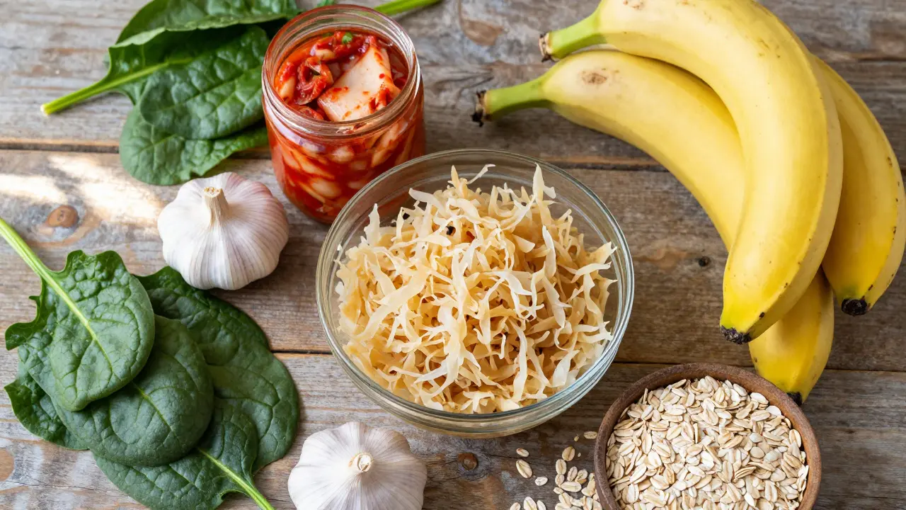 Různé potraviny pro zdraví střev: kysané zelí, kimchi, banány a zelenina