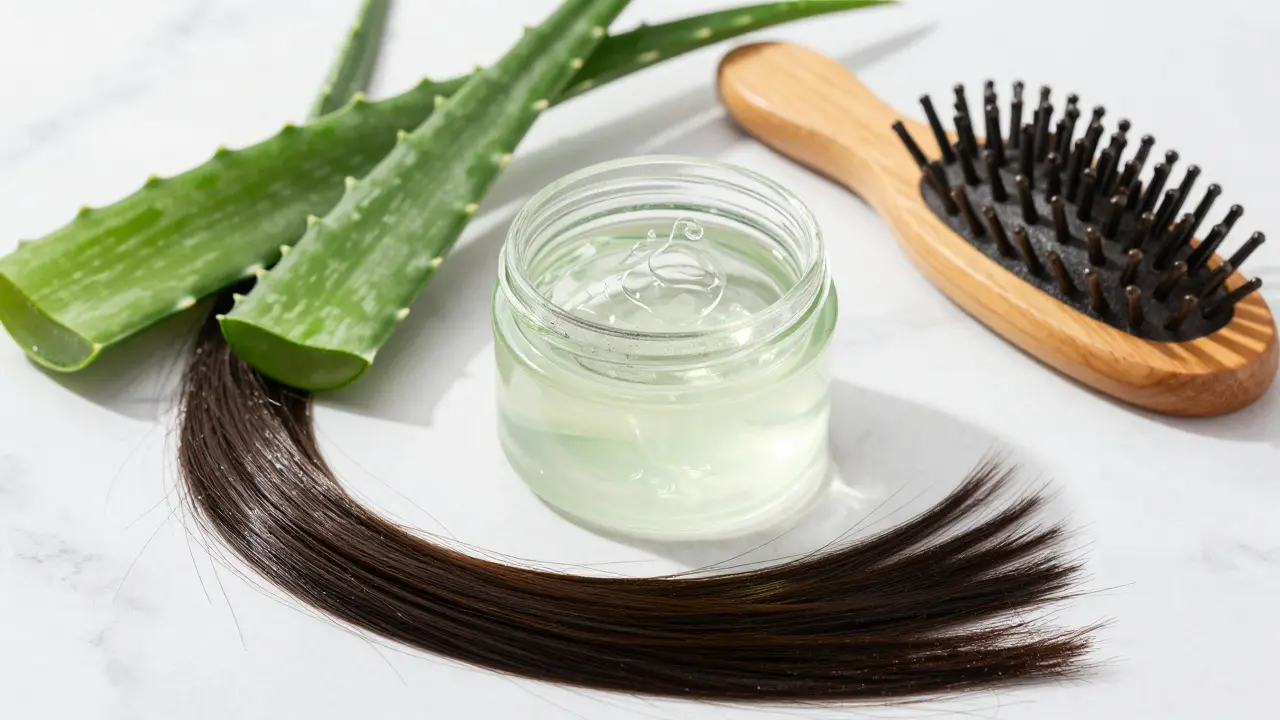 Sklenice s gelem z aloe vera vedle hřebenu a zdravých vlasů