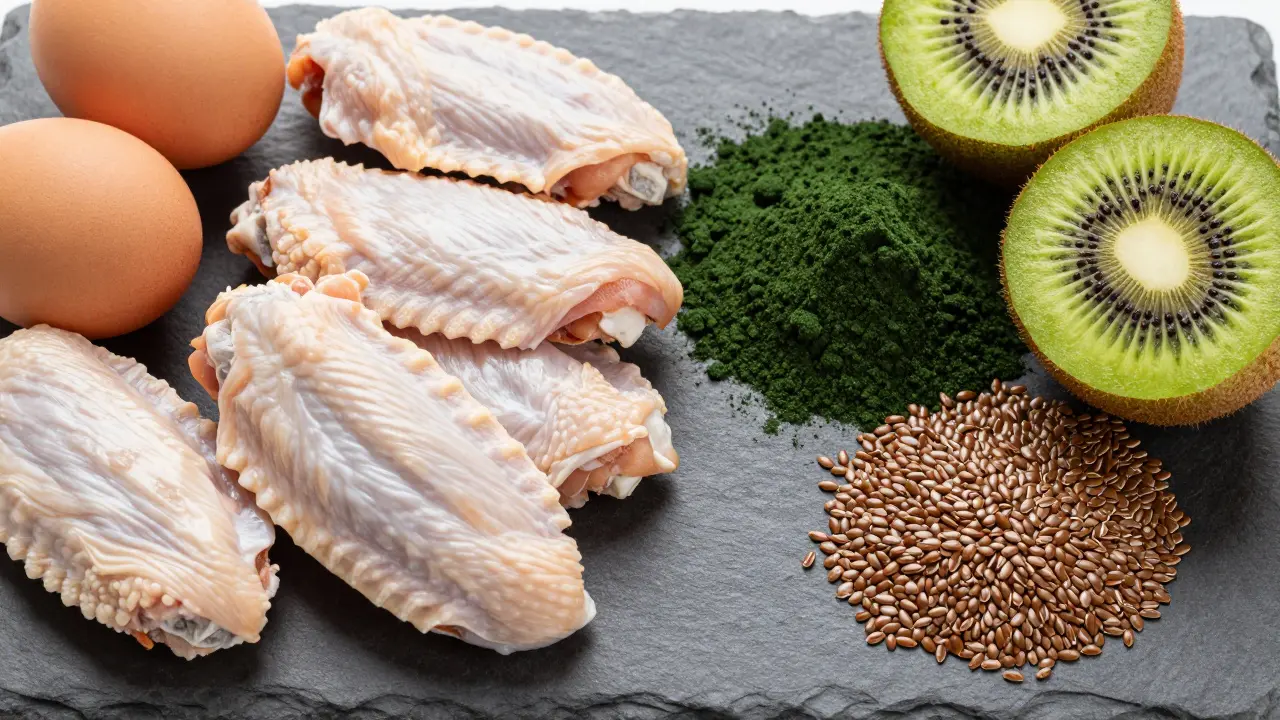 Suroviny pro kolagen: vejce, kuřecí křídla, kiwi a řasy