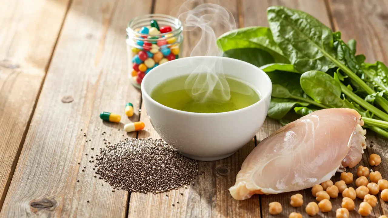 Svěží potraviny podporující metabolismus s doplňky stravy na pozadí