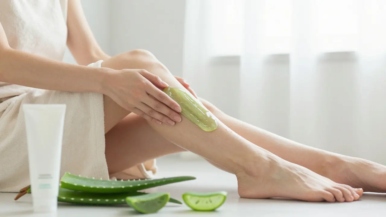 Žena aplikující uklidňující aloe vera gel po depilaci
