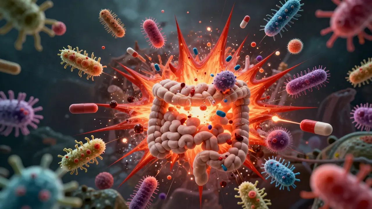 Abstraktní zobrazení ničení bakterií antibiotiky