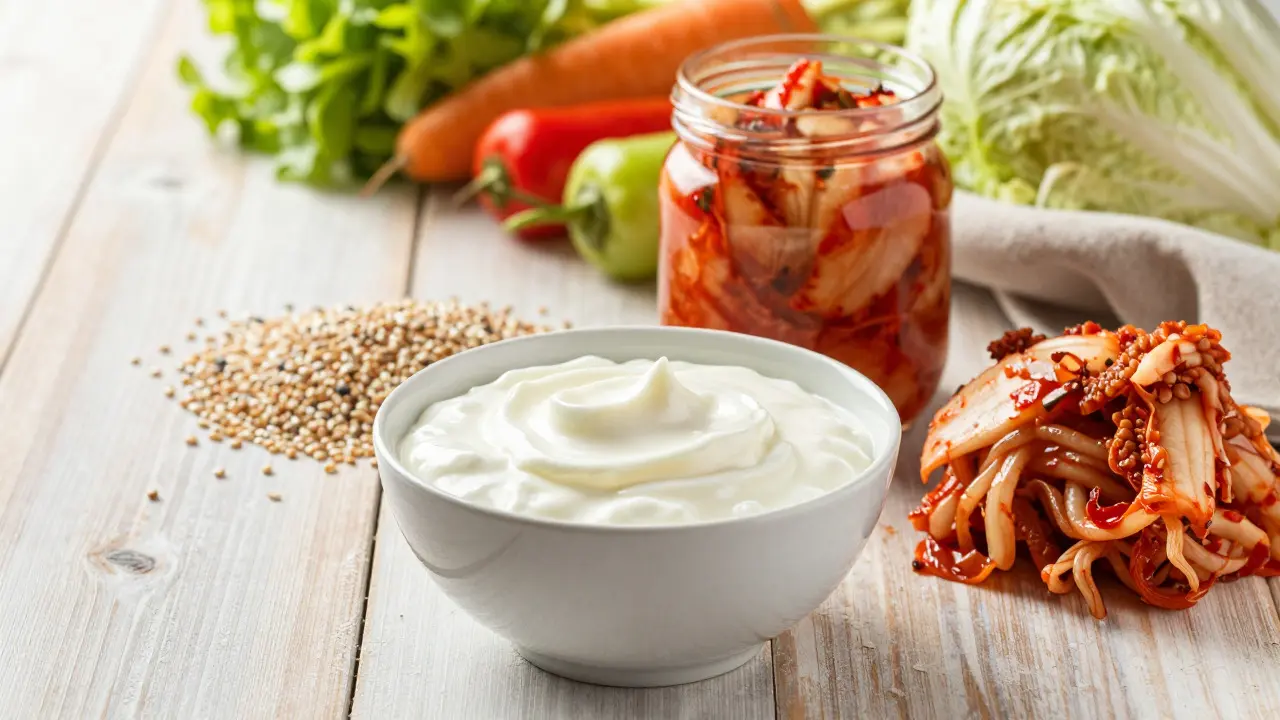 Fermentované potraviny jako kefír a kimchi na dřevěném stole