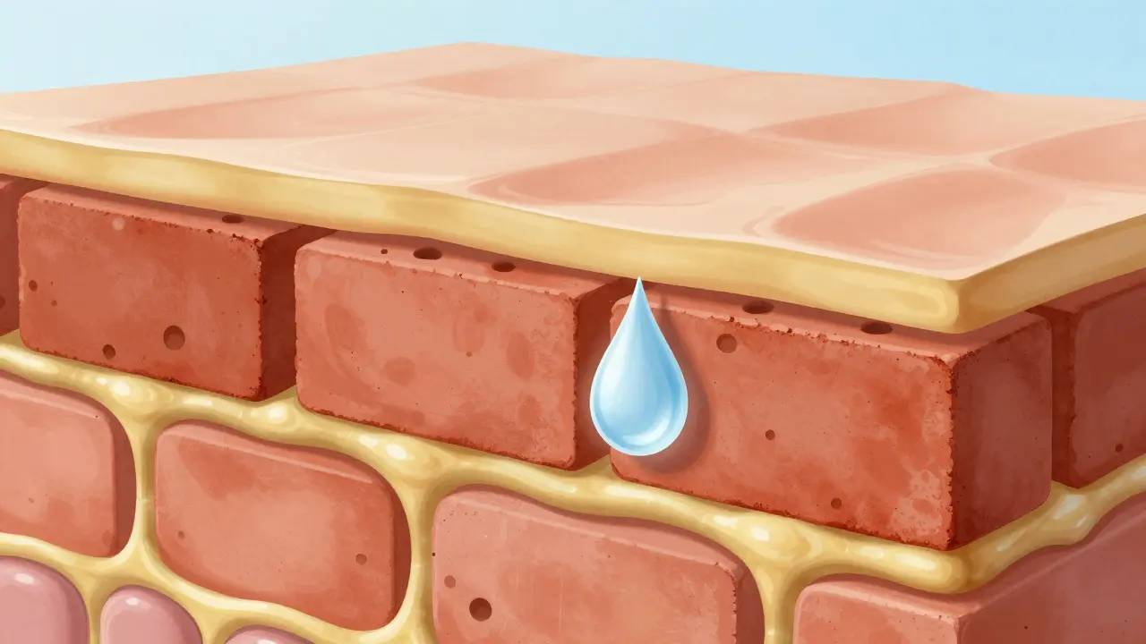 Ilustrace vrstev kůže ukazující cihlovou zeď s keratinocyty a ceramidy.