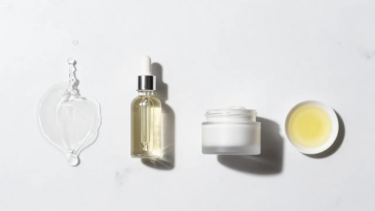 Minimalistická kompozice hydratačních produktů na mramoru ve správném pořadí.
