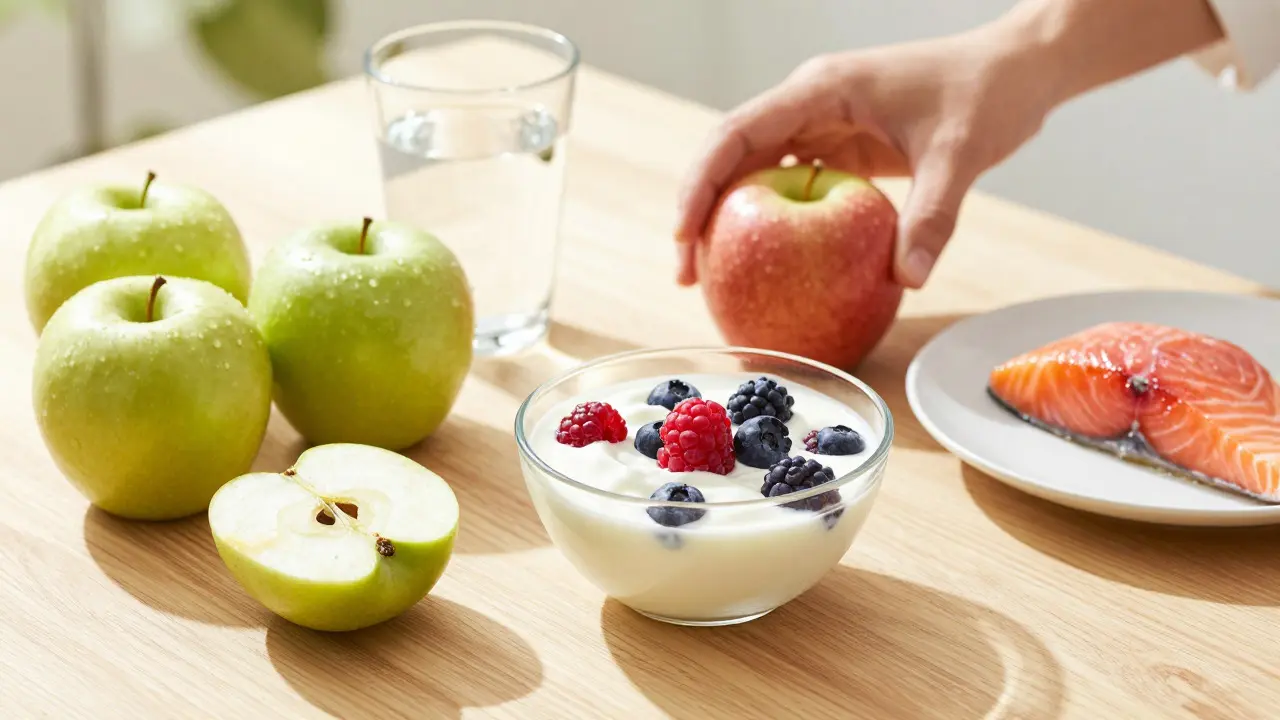 Zdravé jídlo pro detoxikaci: jablka, jogurt a losos na dřevěném stole