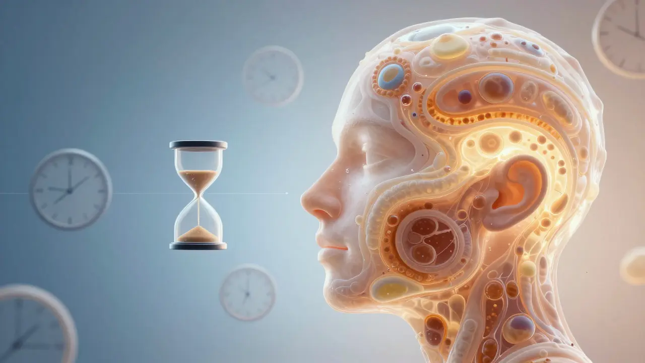 Abstraktní ilustrace obličeje s hodinami symbolizující regeneraci pleti
