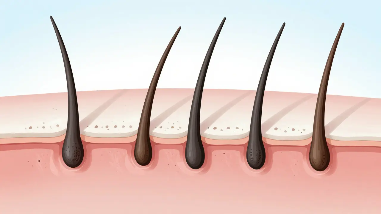 Anatomický průřez vlasovými folikuly v různých fázích růstu