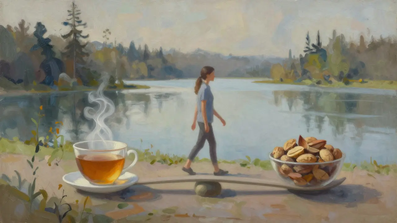 Artistic painting of a person walking in nature with symbolic elements of healthy eating