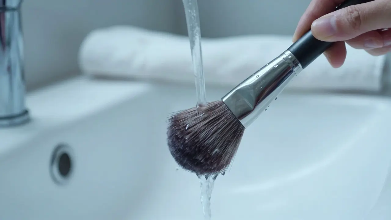 Čištění make-up štětce pod tekoucí vodou pro udržení hygieny