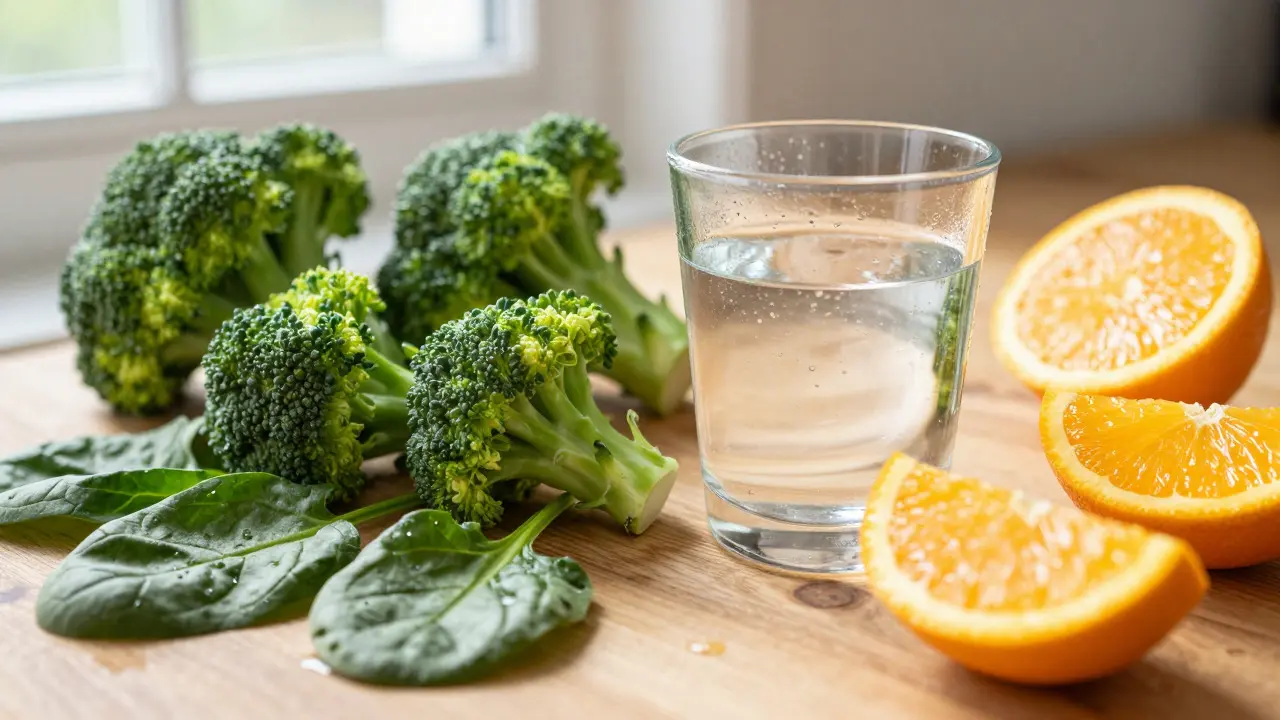 Fresh vegetables, citrus fruits, and a glass of water arranged on a wooden table in sunlight
