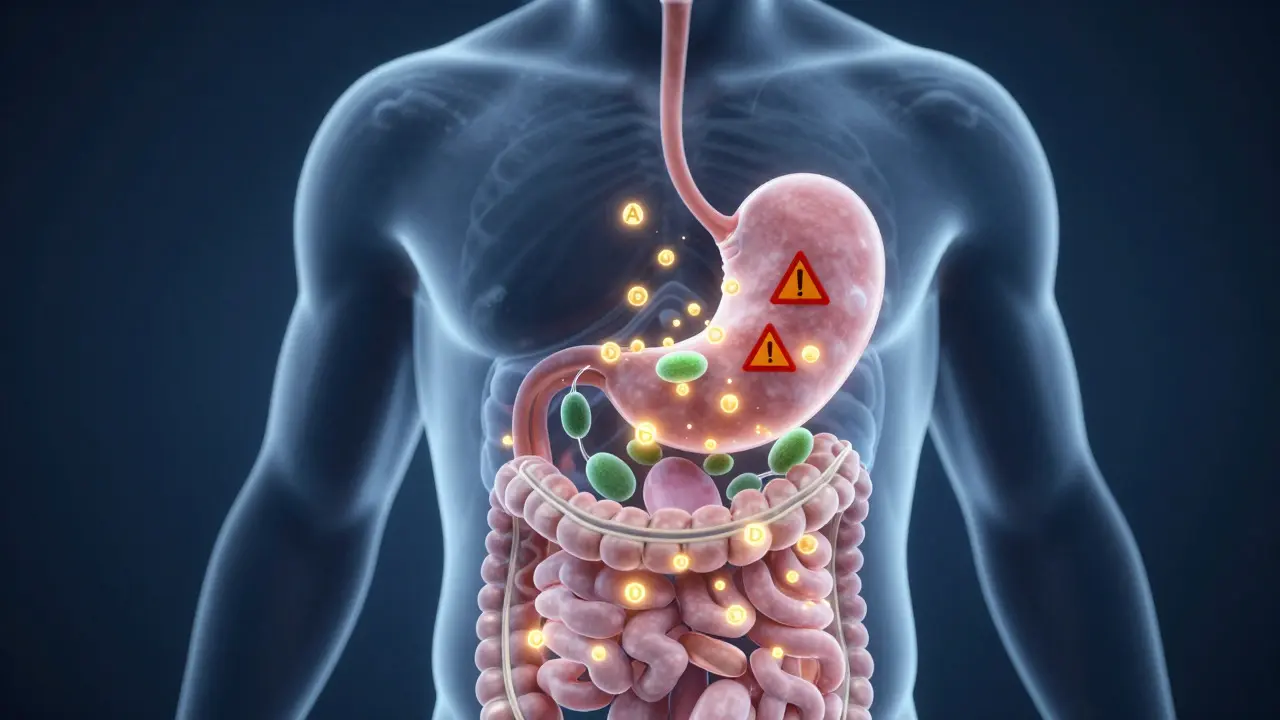 Ilustrace trávicího systému ukazující vstřebávání vitamínů s tuky