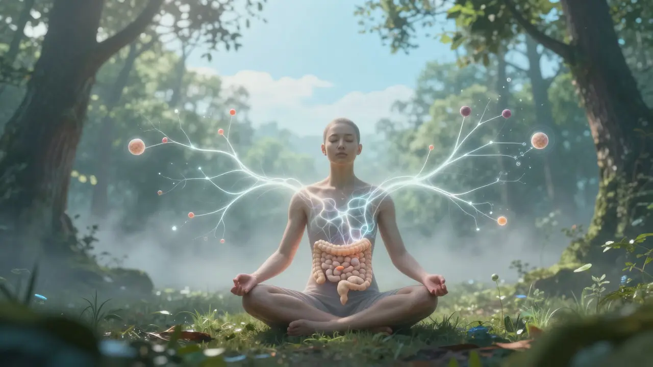 Konceptuální ilustrace spojení mozku a střev při meditaci v přírodě