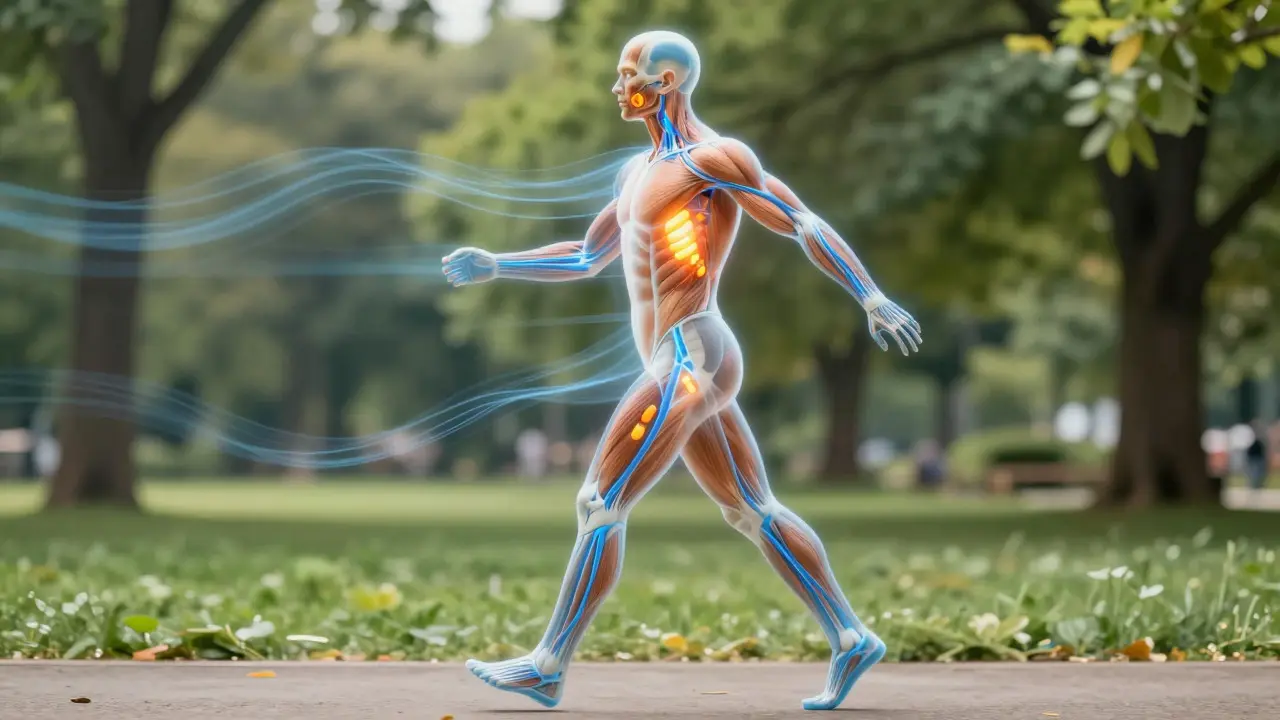 Konceptuální zobrazení lidského těla s aktivními mitochondriemi a lymfatickým systémem