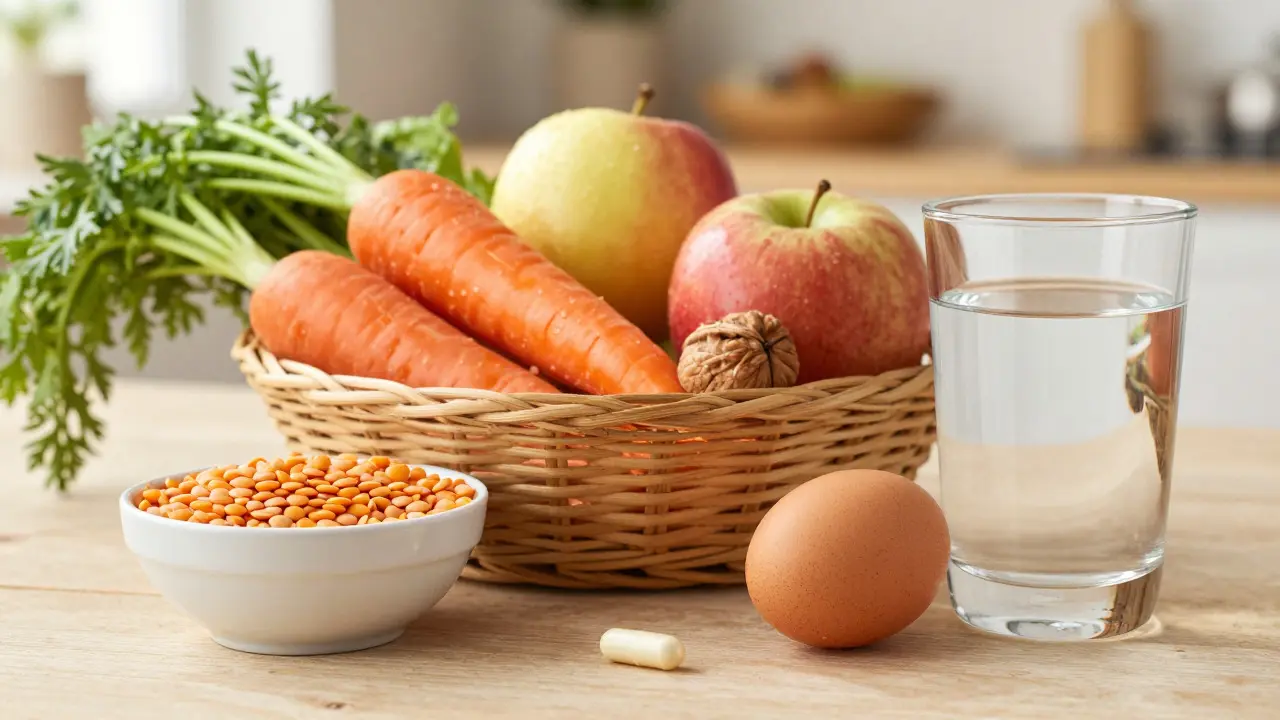 Košík s lokální zeleninou, ořechy a vejci vedle jedné kapsle multivitamínu.