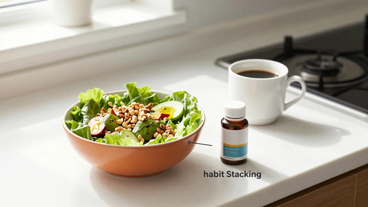 Oběd s oříšky a multivitamíny, káva oddělena pro lepší vstřebání